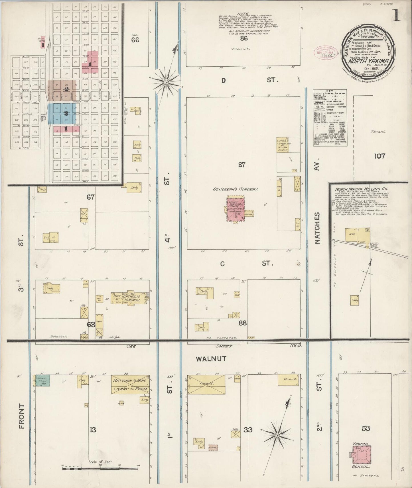 Sanborn Fire Insurance Map from North Yakima, Yakima County, Washington (1888), Sheet #0001 - Complete Map Set gallery image, historic Sanborn map, vintage wall art, Washington Washington