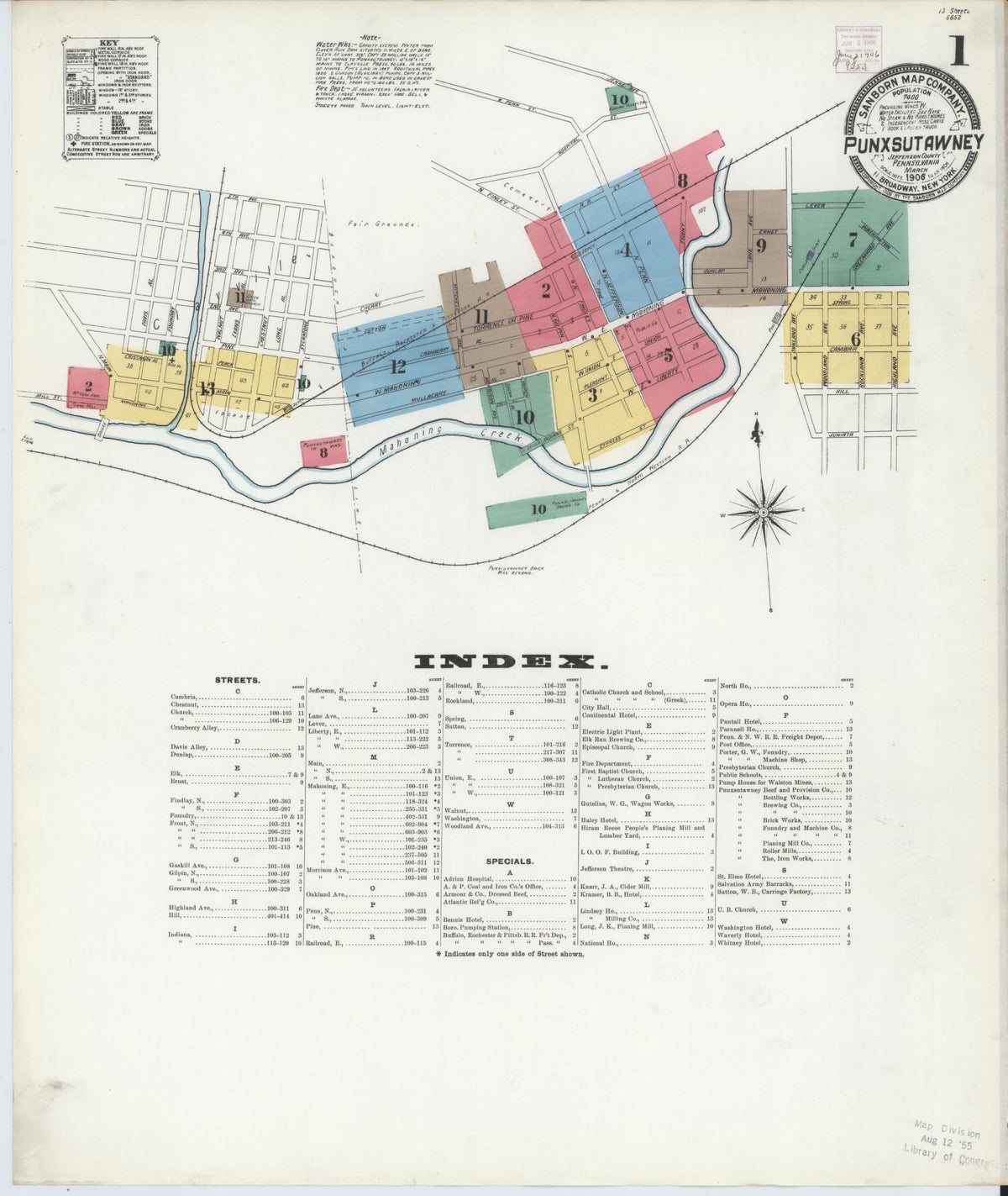 Sanborn Fire Insurance Map from Punxsutawney, Jefferson County, Pennsylvania (1906), Sheet #0001 - Historic Sanborn Fire Insurance Map Print, vintage old map wall art, antique decor, genealogy gift, Pennsylvania Pennsylvania map