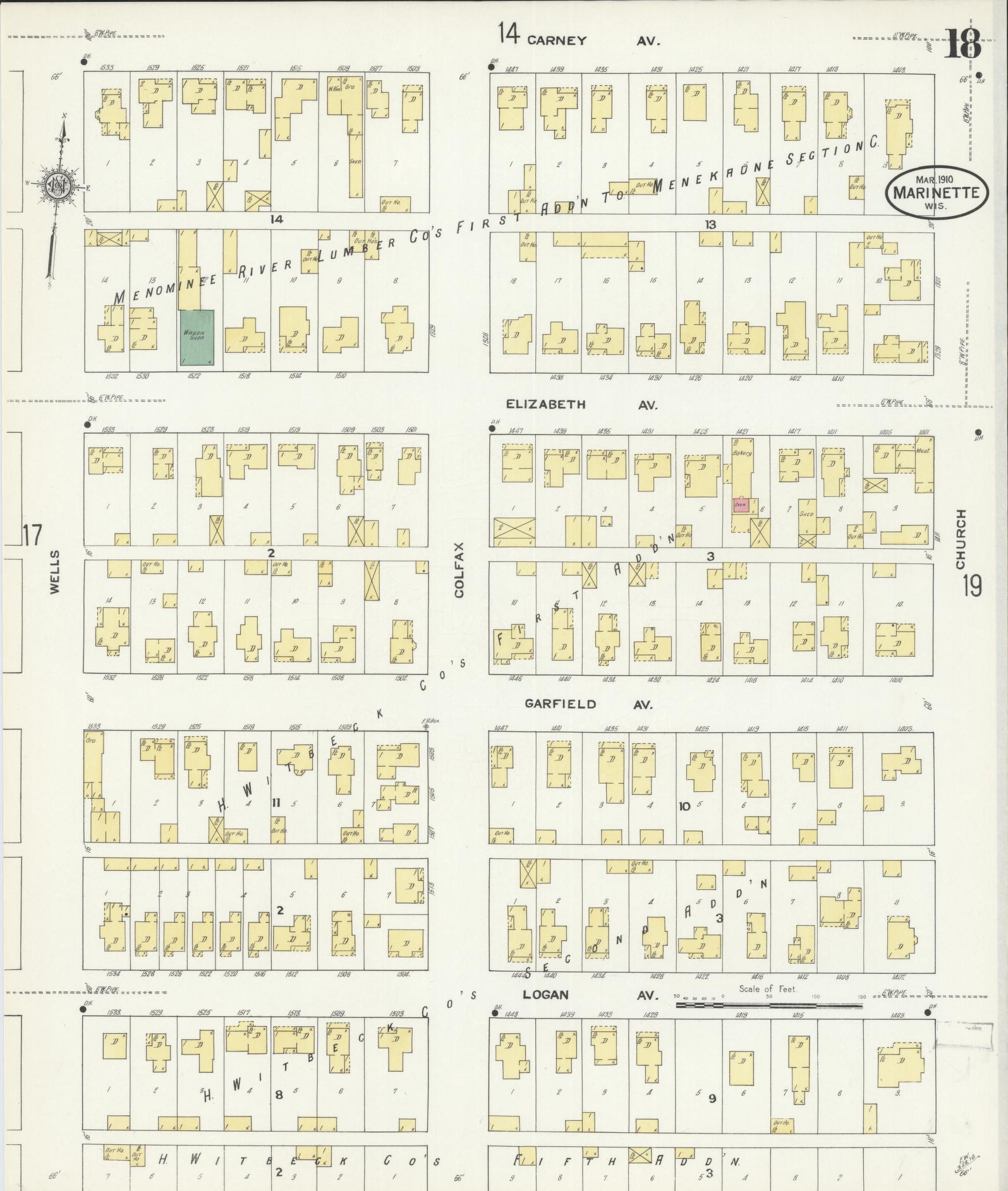 Sanborn Fire Insurance Map from Marinette, Marinette County, Wisconsin (1910), Sheet #0018 - Historic Sanborn Fire Insurance Map Print, vintage old map wall art, antique decor, genealogy gift, Wisconsin Wisconsin map