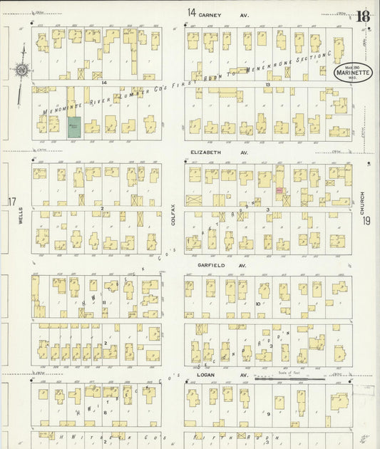 Sanborn Fire Insurance Map from Marinette, Marinette County, Wisconsin (1910), Sheet #0018 - Historic Sanborn Fire Insurance Map Print, vintage old map wall art, antique decor, genealogy gift, Wisconsin Wisconsin map