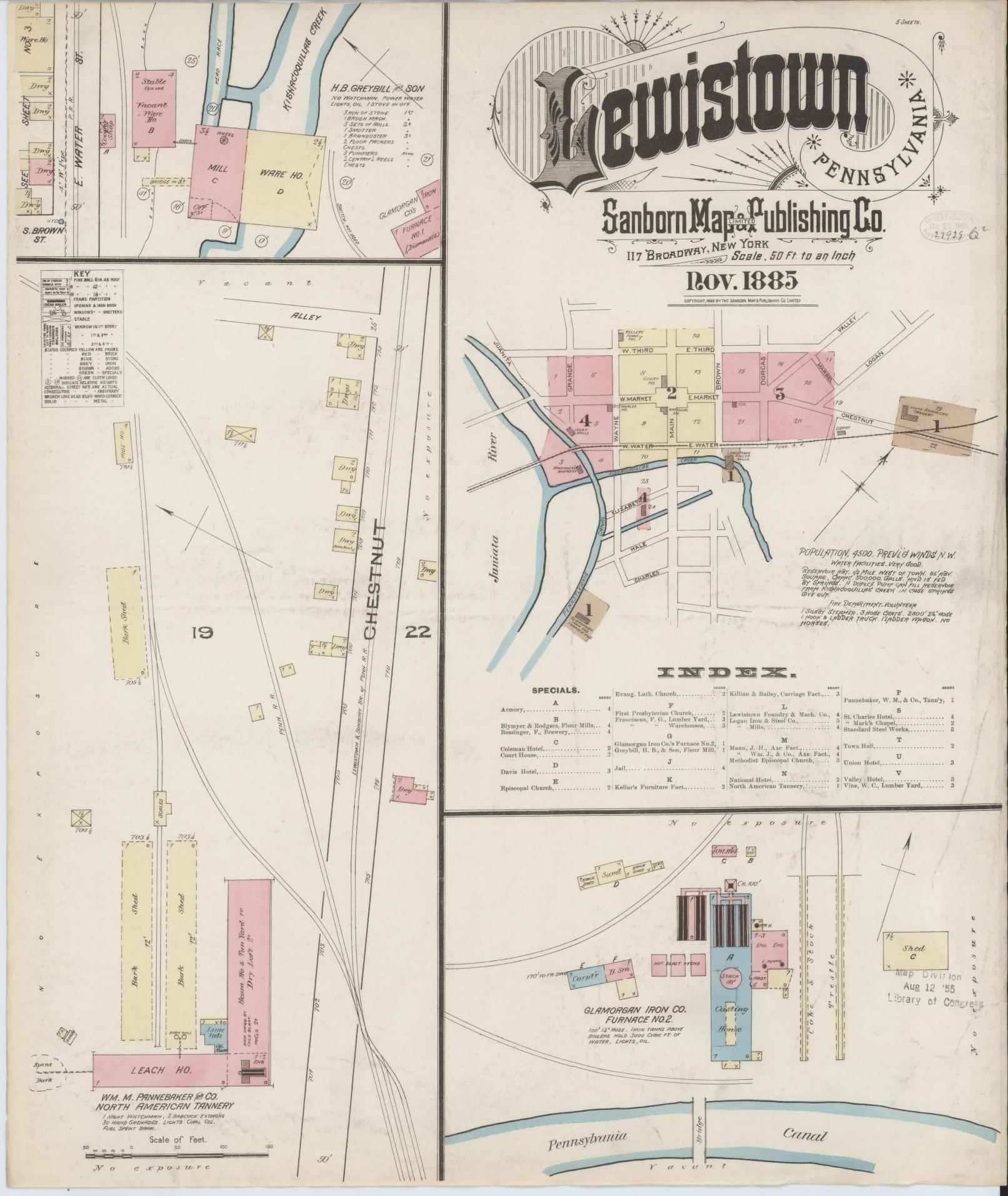 Sanborn Fire Insurance Map from Lewistown, Mifflin County, Pennsylvania (1885), Sheet #0001 - Historic Sanborn Fire Insurance Map Print, vintage old map wall art, antique decor, genealogy gift, Pennsylvania Pennsylvania map
