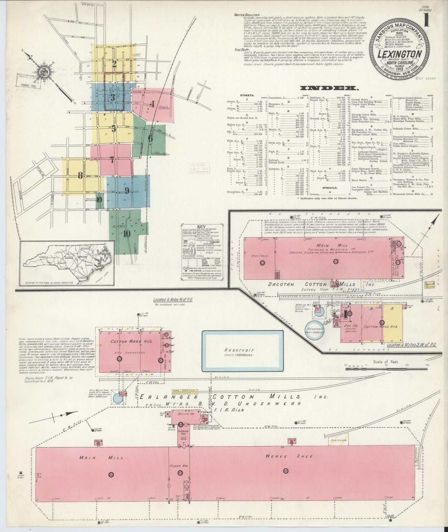 Sanborn Fire Insurance Map from Lexington, Davidson County, North Carolina (1913), Sheet #0001 - Historic Sanborn Fire Insurance Map Print, vintage old map wall art, antique decor, genealogy gift, North Carolina North Carolina map