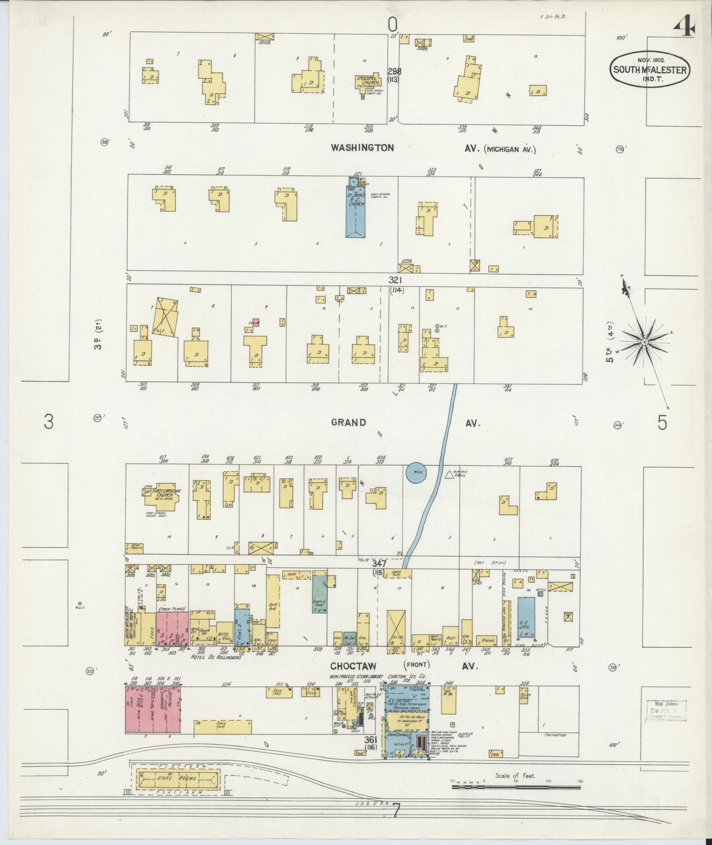 Sanborn Fire Insurance Map from South McAlester, Pittsburg County, Oklahoma (1902), Sheet #0004 - Historic Sanborn Fire Insurance Map Print, vintage old map wall art, antique decor, genealogy gift, Oklahoma Oklahoma map