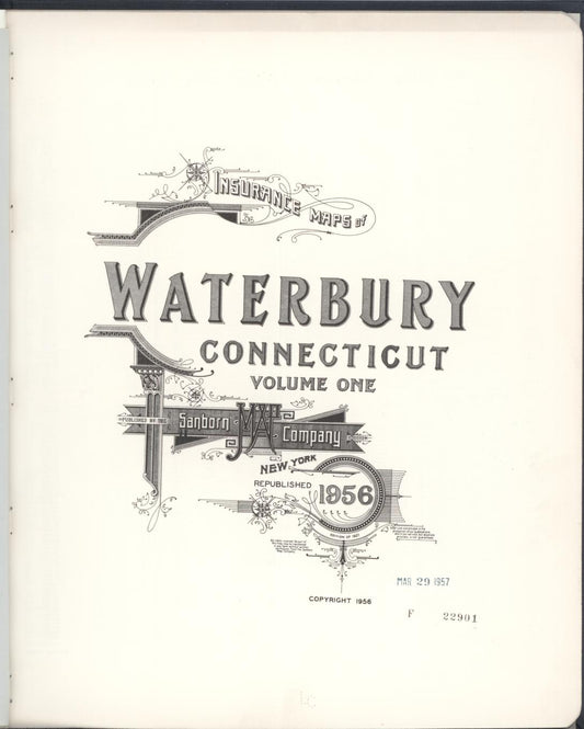 Sanborn Fire Insurance Map from Waterbury, New Haven County, Connecticut (1956), Sheet #0001 - Historic Sanborn Fire Insurance Map Print, vintage old map wall art, antique decor, genealogy gift, Connecticut Connecticut map