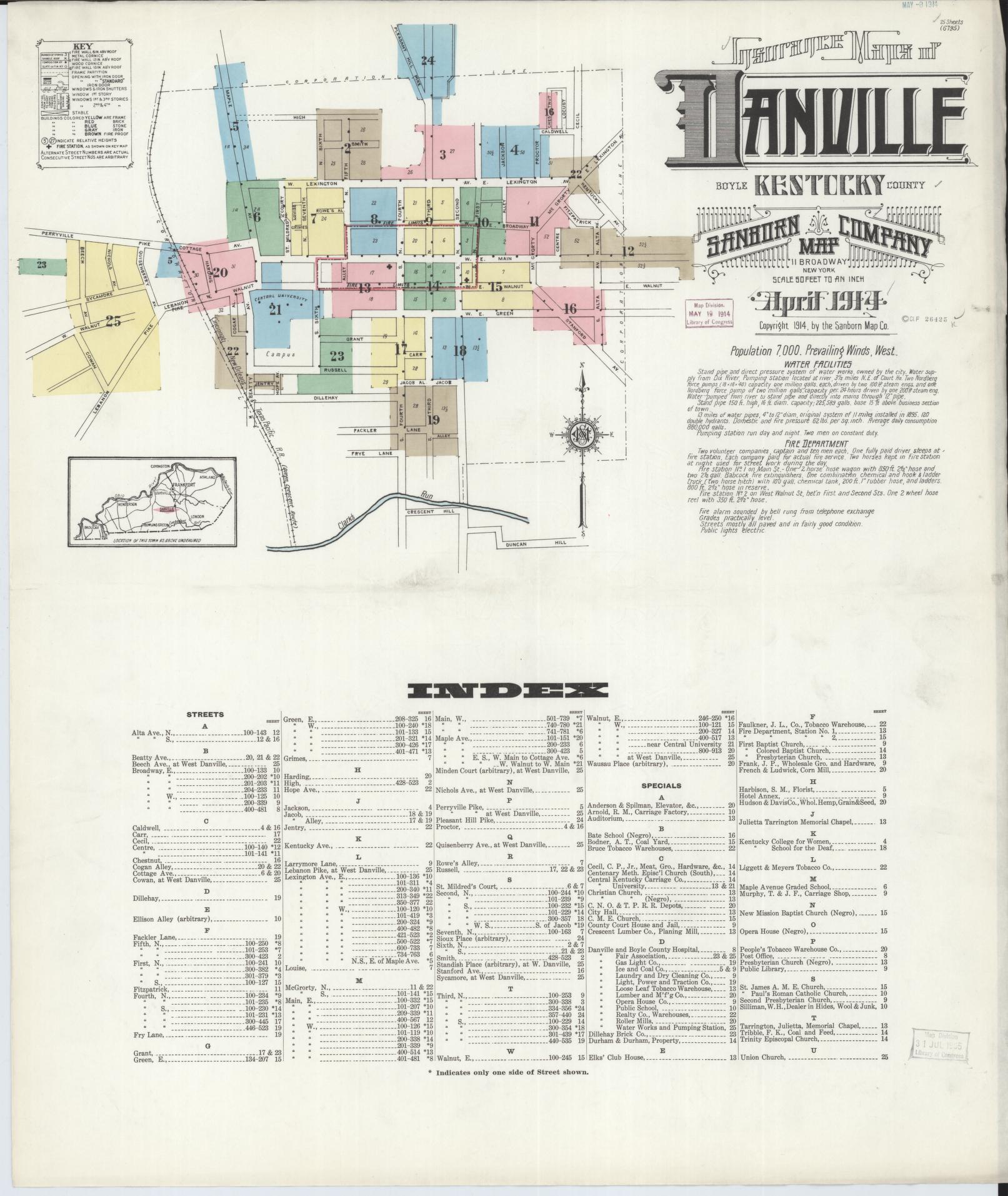 Sanborn Fire Insurance Map from Danville, Boyle County, Kentucky (1914), Sheet #0001 - Historic Sanborn Fire Insurance Map Print, vintage old map wall art, antique decor, genealogy gift, Kentucky Kentucky map