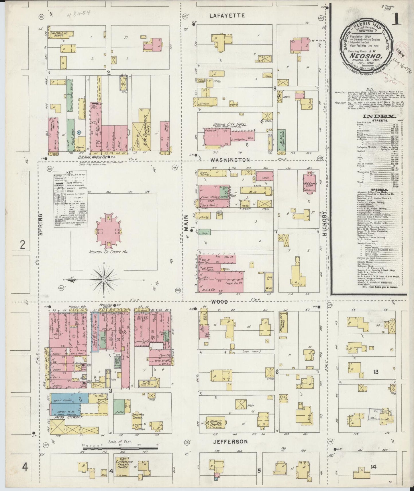 Sanborn Fire Insurance Map from Neosho, Newton County, Missouri (1896), Sheet #0001 - Historic Sanborn Fire Insurance Map Print, vintage old map wall art, antique decor, genealogy gift, Missouri Missouri map