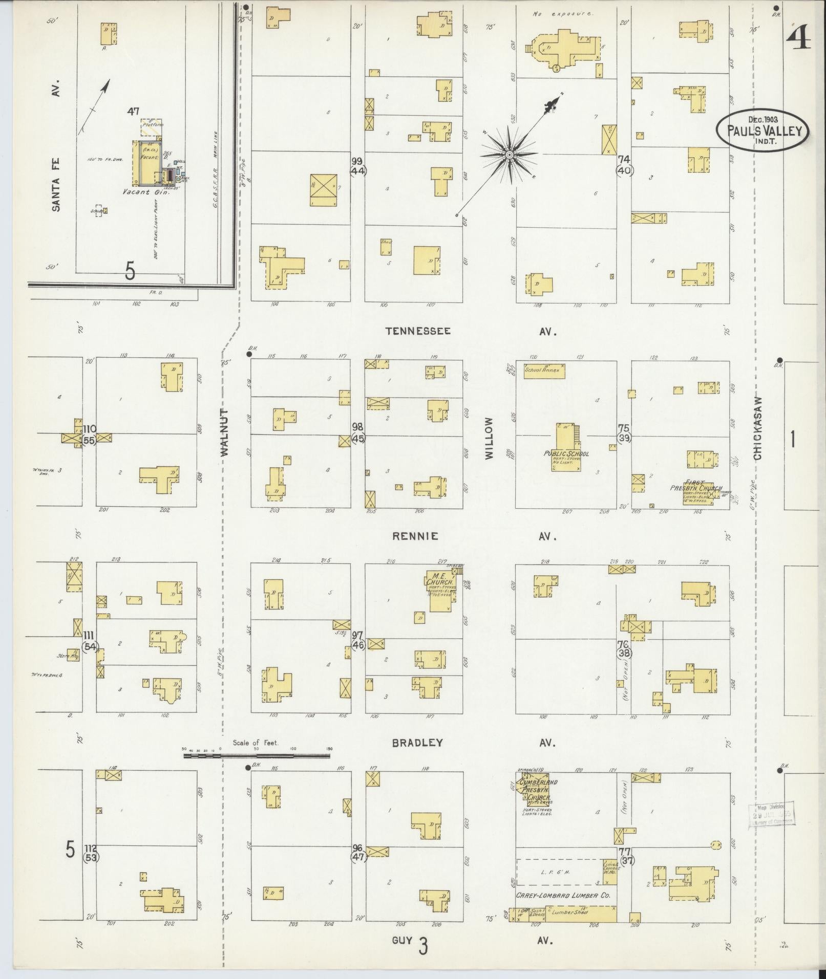 Sanborn Fire Insurance Map from Pauls Valley, Garvin County, Oklahoma (1903), Sheet #0004 - Complete Map Set gallery image, historic Sanborn map, vintage wall art, Oklahoma Oklahoma