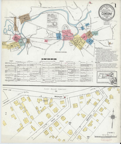 Sanborn Fire Insurance Map from Concord, Middlesex County, Massachusetts (1918), Sheet #0001 - Historic Sanborn Fire Insurance Map Print, vintage old map wall art, antique decor, genealogy gift, Massachusetts Massachusetts map