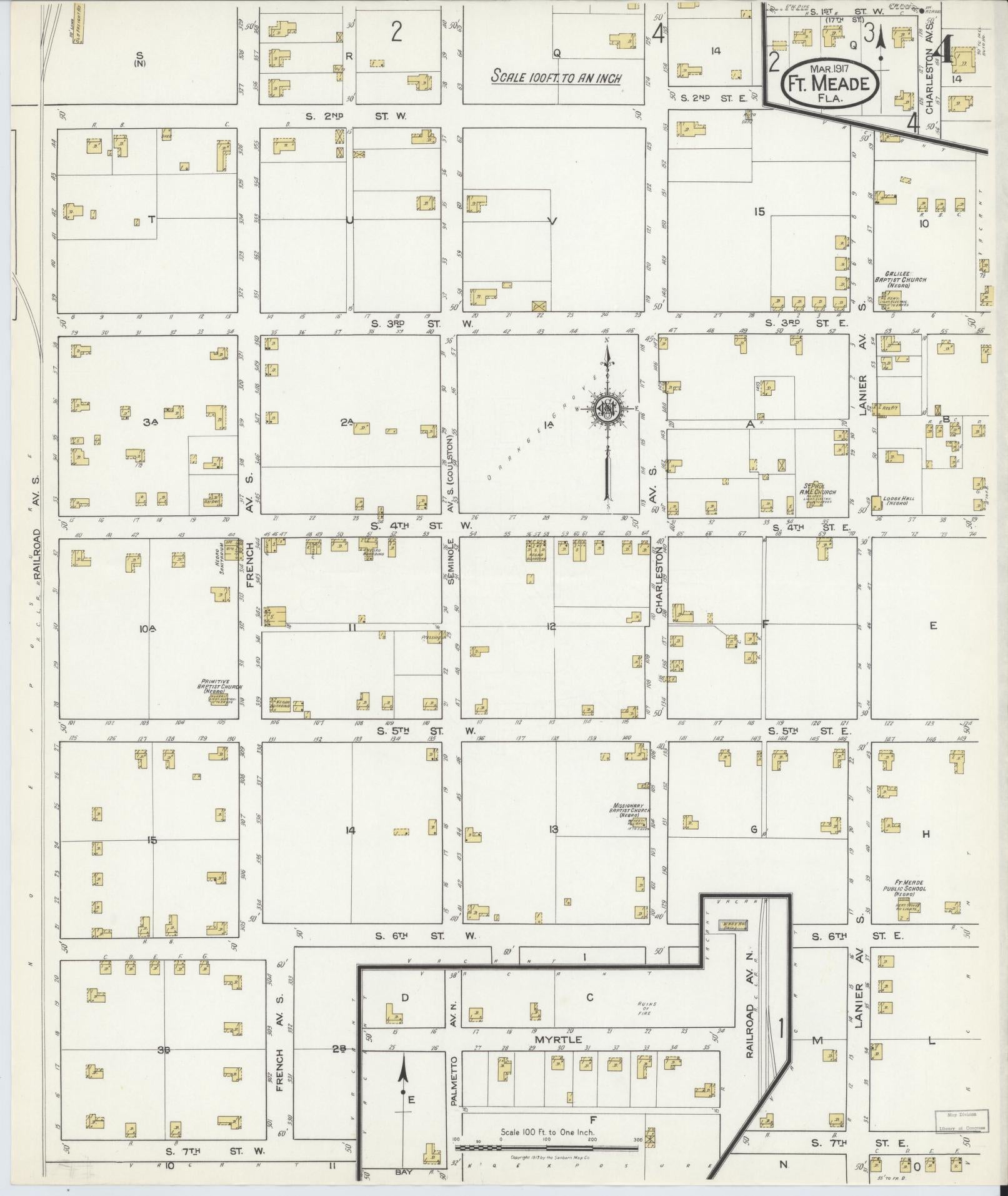 Sanborn Fire Insurance Map from Fort Meade, Polk County, Florida (1917), Sheet #0004 - Complete Map Set gallery image, historic Sanborn map, vintage wall art, Florida Florida