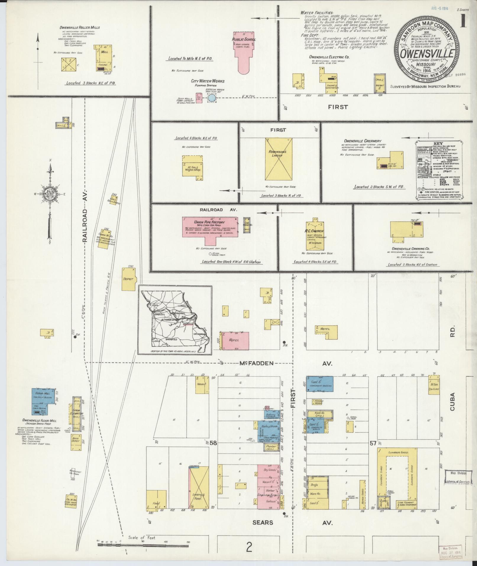 Sanborn Fire Insurance Map from Owensville, Gasconade County, Missouri (1914), Sheet #0001 - Complete Map Set gallery image, historic Sanborn map, vintage wall art, Missouri Missouri