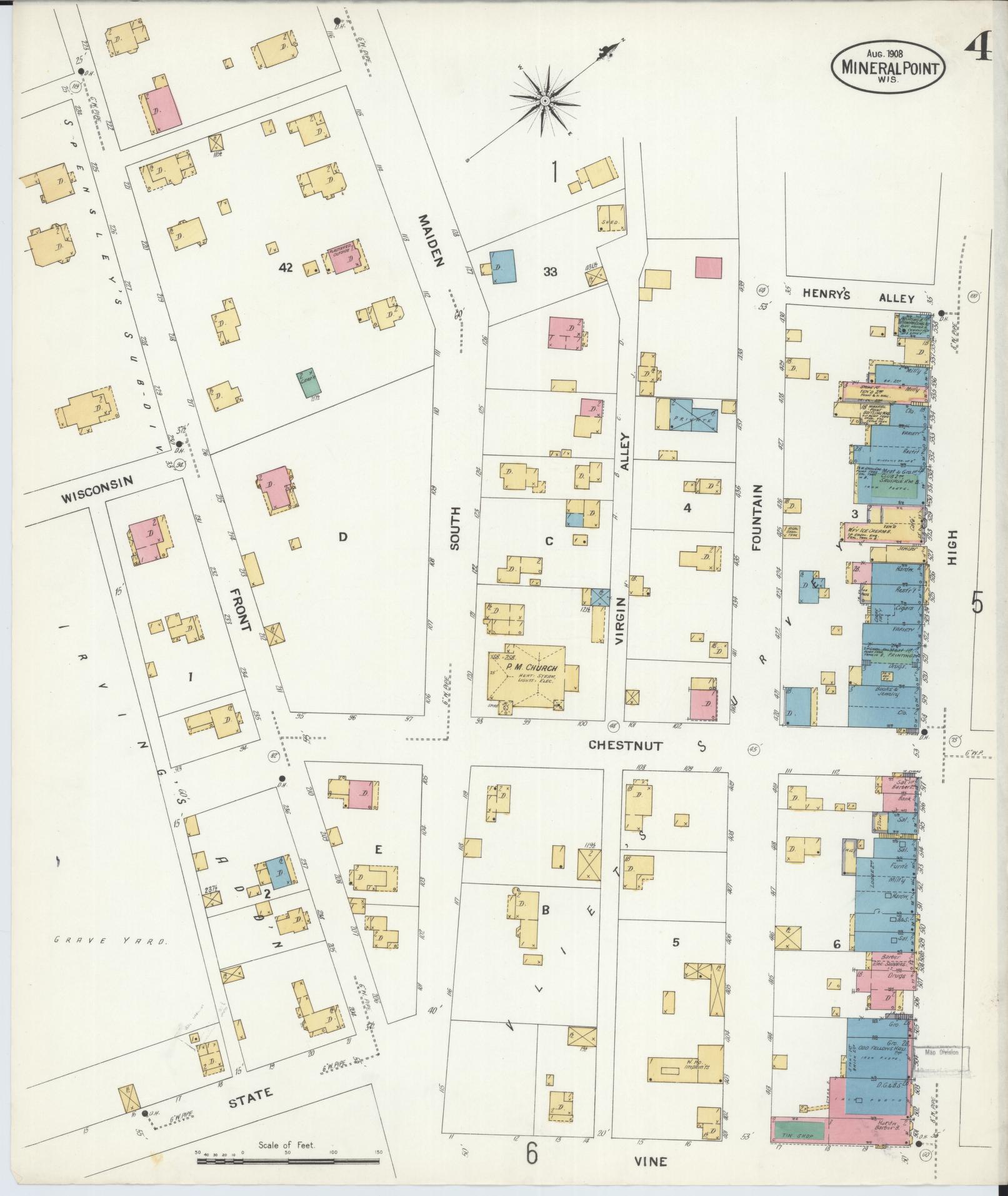 Sanborn Fire Insurance Map from Mineral Point, Iowa County, Wisconsin (1908), Sheet #0004 - Historic Sanborn Fire Insurance Map Print, vintage old map wall art, antique decor, genealogy gift, Wisconsin Wisconsin map