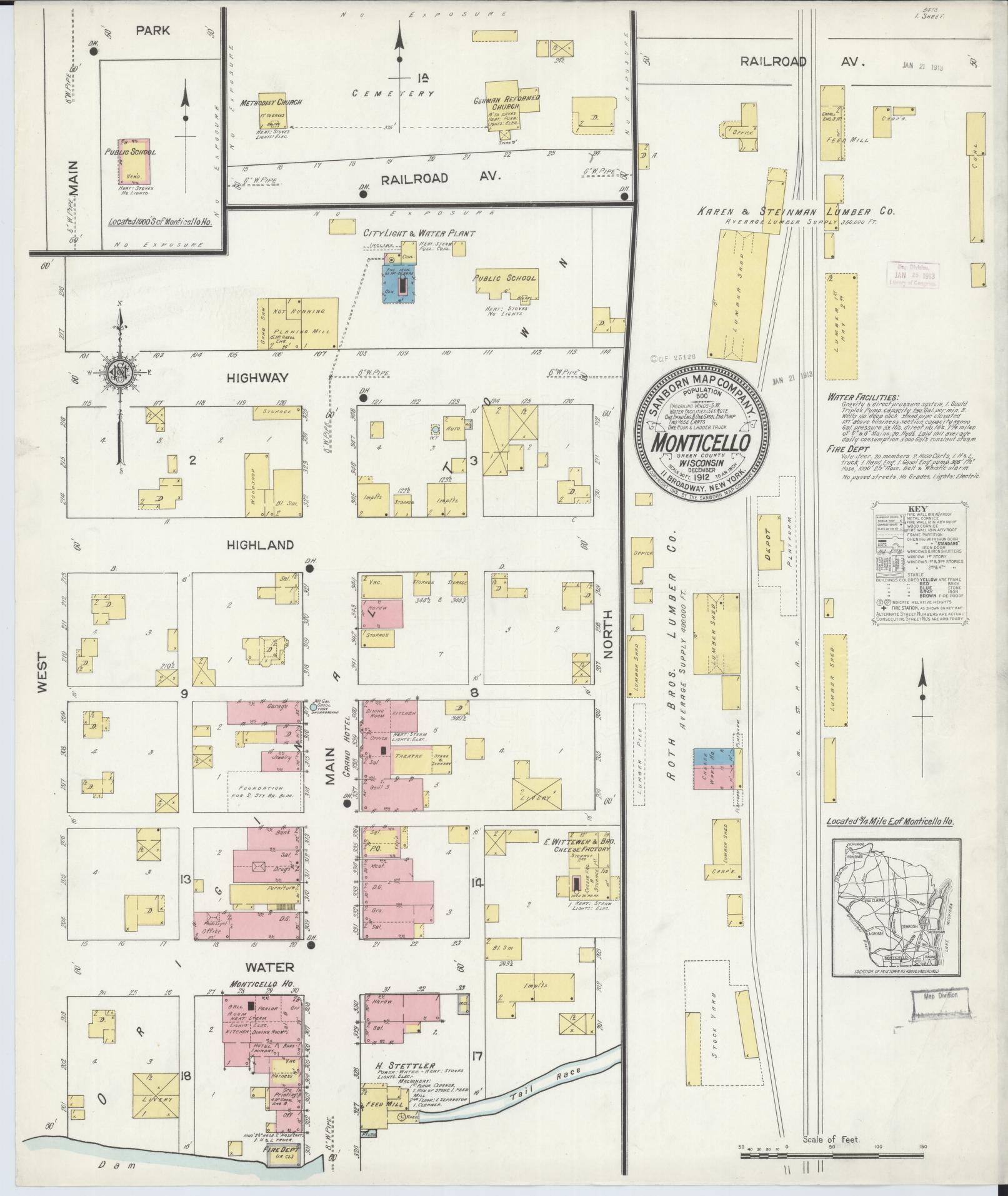 Sanborn Fire Insurance Map from Monticello, Green County, Wisconsin (1912), Sheet #0001 - Historic Sanborn Fire Insurance Map Print, vintage old map wall art, antique decor, genealogy gift, Wisconsin Wisconsin map