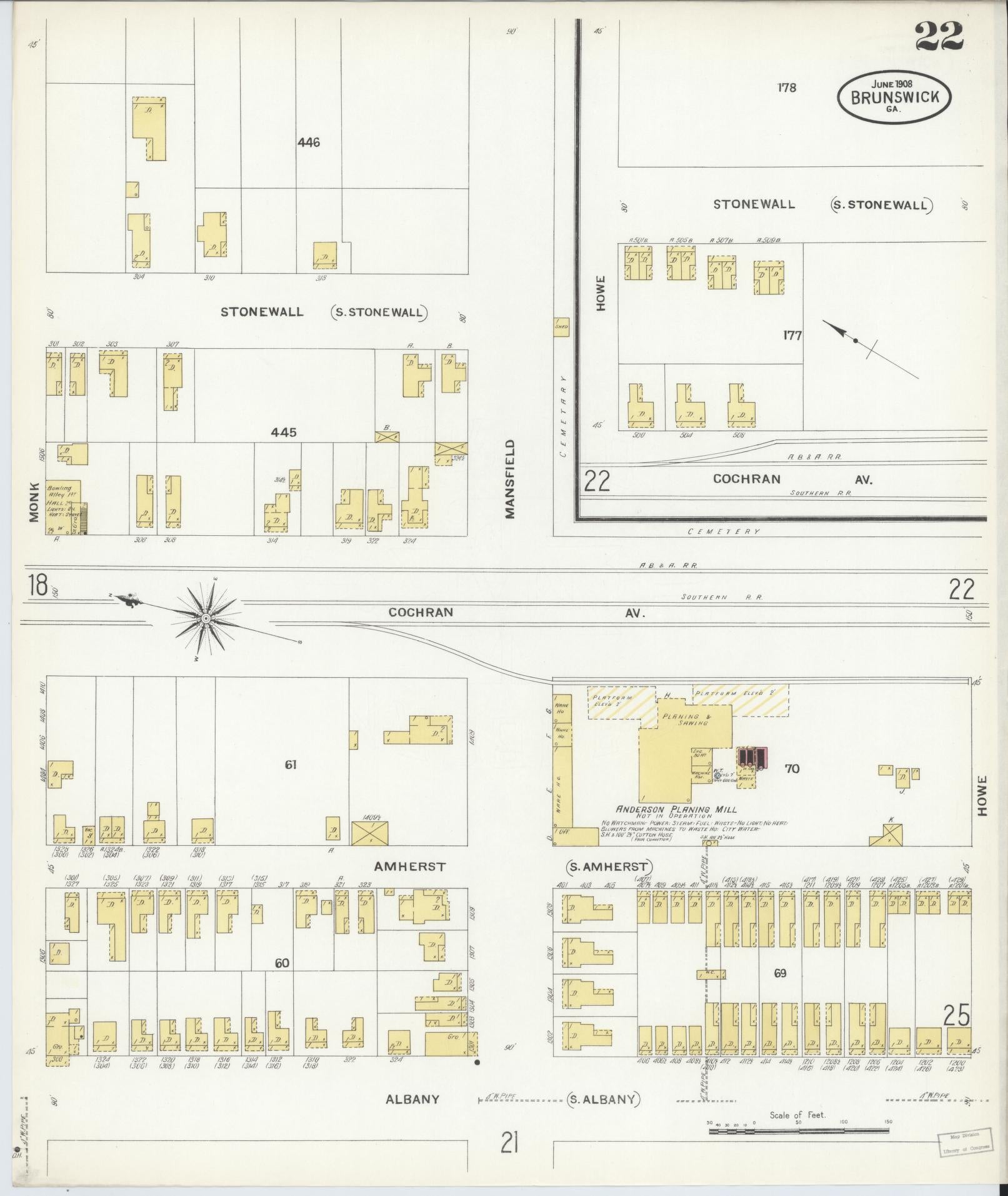 Sanborn Fire Insurance Map from Brunswick, Glynn County, Georgia (1908), Sheet #0022 - Complete Map Set gallery image, historic Sanborn map, vintage wall art, Georgia Georgia