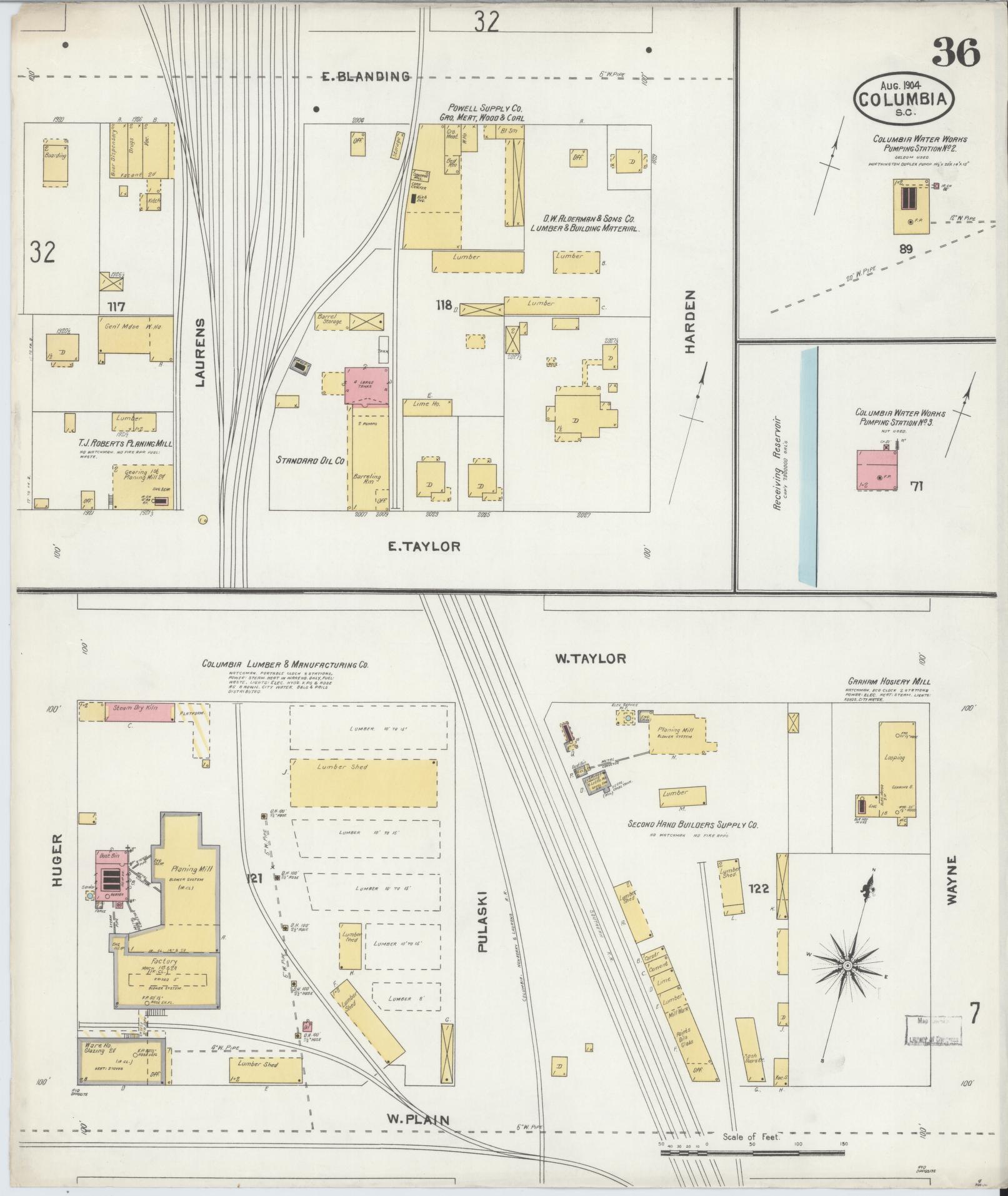 Sanborn Fire Insurance Map from Columbia, Richland County, South Carolina (1904), Sheet #0036 - Historic Sanborn Fire Insurance Map Print, vintage old map wall art, antique decor, genealogy gift, South Carolina South Carolina map