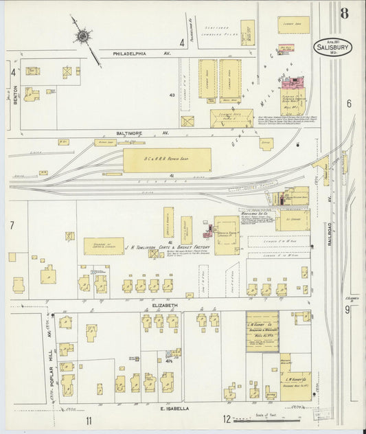 Sanborn Fire Insurance Map from Salisbury, Wicomico County, Maryland (1911), Sheet #0008 - Historic Sanborn Fire Insurance Map Print, vintage old map wall art, antique decor, genealogy gift, Maryland Maryland map