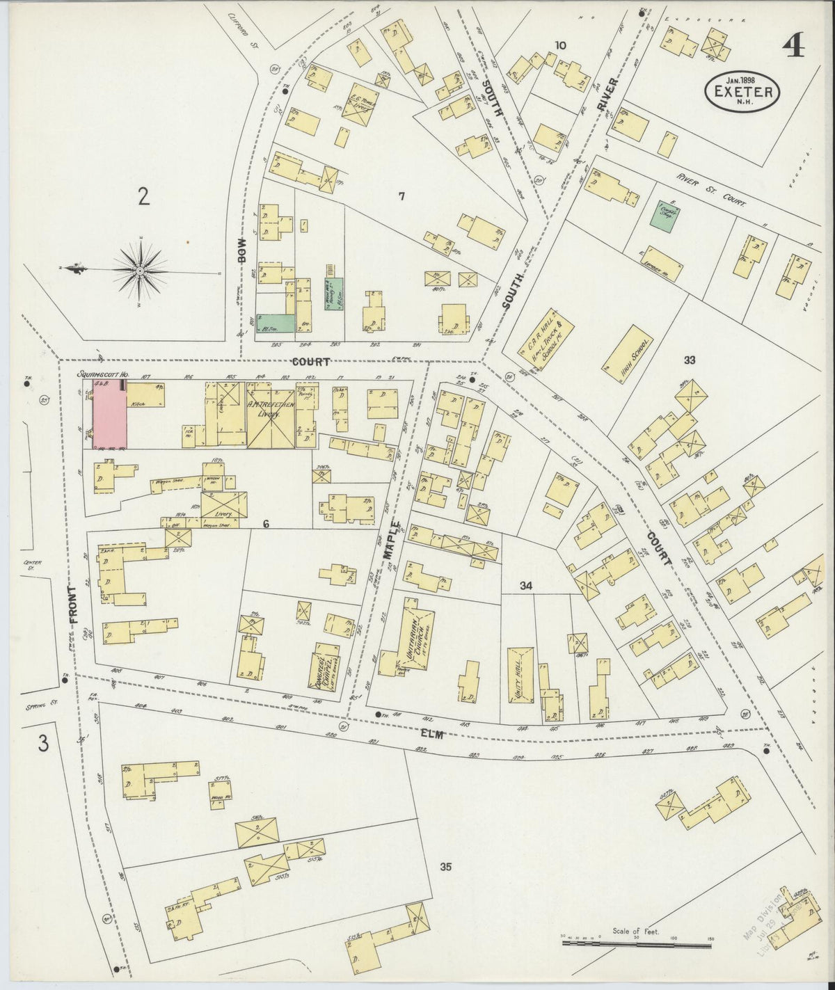 Sanborn Fire Insurance Map from Exeter, Rockingham County, New Hampshire (1898), Sheet #0004 - Historic Sanborn Fire Insurance Map Print, vintage old map wall art, antique decor, genealogy gift, New Hampshire New Hampshire map