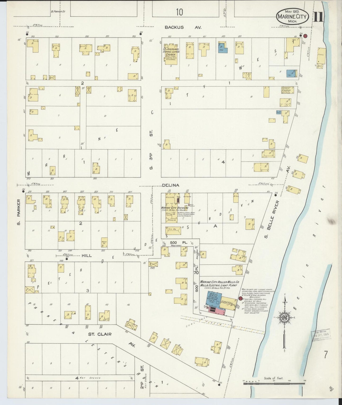 Sanborn Fire Insurance Map from Marine City, Saint Clair County, Michigan (1913), Sheet #0011 - Complete Map Set gallery image, historic Sanborn map, vintage wall art, Michigan Michigan