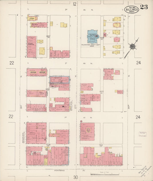 Sanborn Fire Insurance Map from Billings, Yellowstone County, Montana (1912), Sheet #0023 - Historic Sanborn Fire Insurance Map Print, vintage old map wall art, antique decor, genealogy gift, Montana Montana map