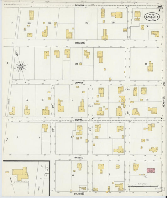Sanborn Fire Insurance Map from Lake City, Columbia County, Florida (1902), Sheet #0007 - Historic Sanborn Fire Insurance Map Print, vintage old map wall art, antique decor, genealogy gift, Florida Florida map