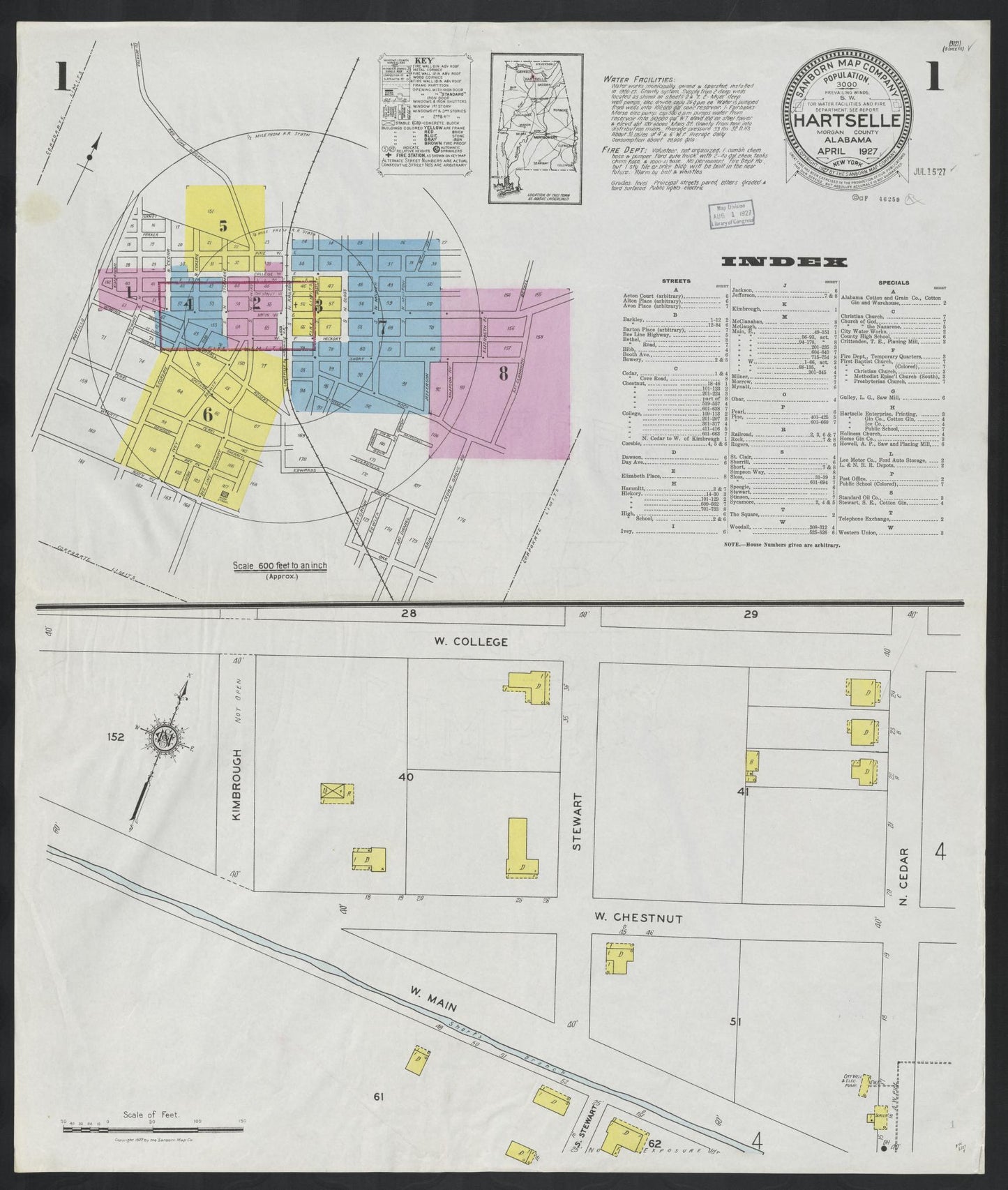 Sanborn Fire Insurance Map from Hartselle, Morgan County, Alabama (1927), Sheet #0001 - Complete Map Set gallery image, historic Sanborn map, vintage wall art, Alabama Alabama