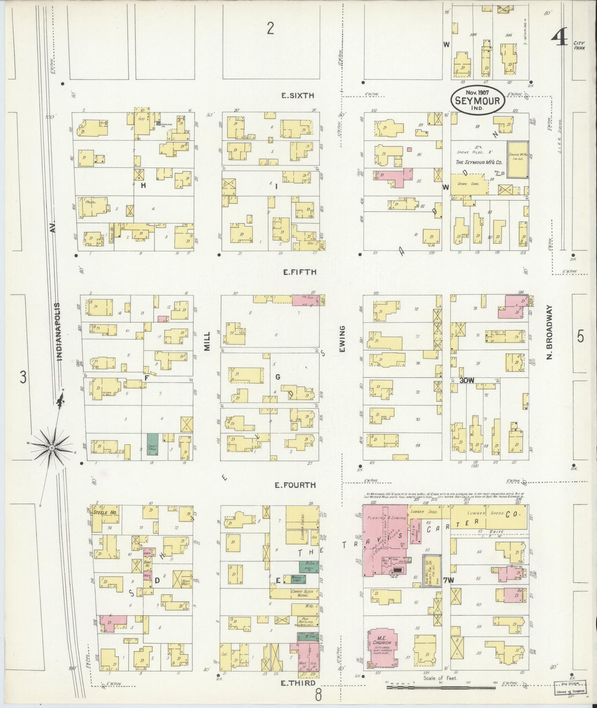 Sanborn Fire Insurance Map from Seymour, Jackson County, Indiana (1907), Sheet #0004 - Historic Sanborn Fire Insurance Map Print, vintage old map wall art, antique decor, genealogy gift, Indiana Indiana map