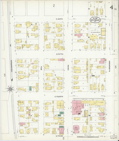 Sanborn Fire Insurance Map from Seymour, Jackson County, Indiana (1907), Sheet #0004 - Historic Sanborn Fire Insurance Map Print, vintage old map wall art, antique decor, genealogy gift, Indiana Indiana map