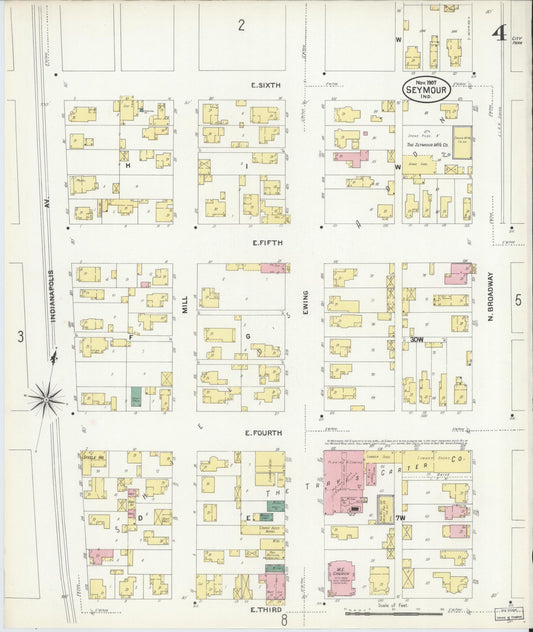 Sanborn Fire Insurance Map from Seymour, Jackson County, Indiana (1907), Sheet #0004 - Historic Sanborn Fire Insurance Map Print, vintage old map wall art, antique decor, genealogy gift, Indiana Indiana map