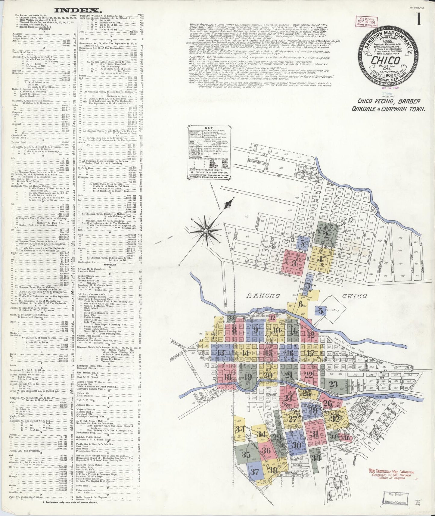Sanborn Fire Insurance Map from Chico, Butte County, California (1909), Sheet #0001 - Complete Map Set gallery image, historic Sanborn map, vintage wall art, California California