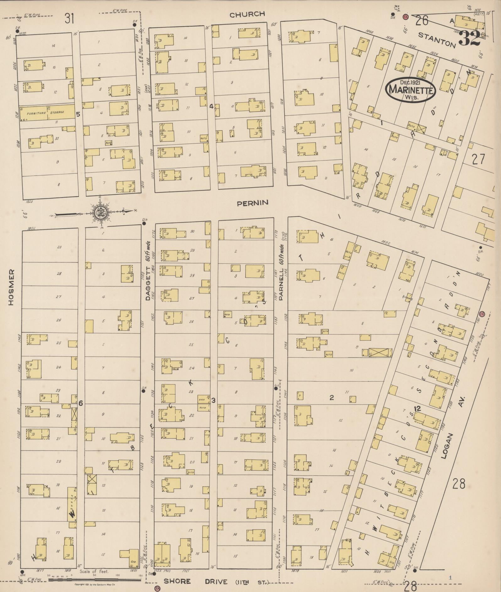 Sanborn Fire Insurance Map from Marinette, Marinette County, Wisconsin (1921), Sheet #0032 - Historic Sanborn Fire Insurance Map Print, vintage old map wall art, antique decor, genealogy gift, Wisconsin Wisconsin map