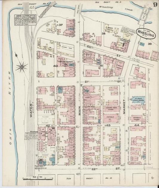 Sanborn Fire Insurance Map from Wheeling, Ohio County, West Virginia (1884), Sheet #0009 - Historic Sanborn Fire Insurance Map Print, vintage old map wall art, antique decor, genealogy gift, West Virginia West Virginia map
