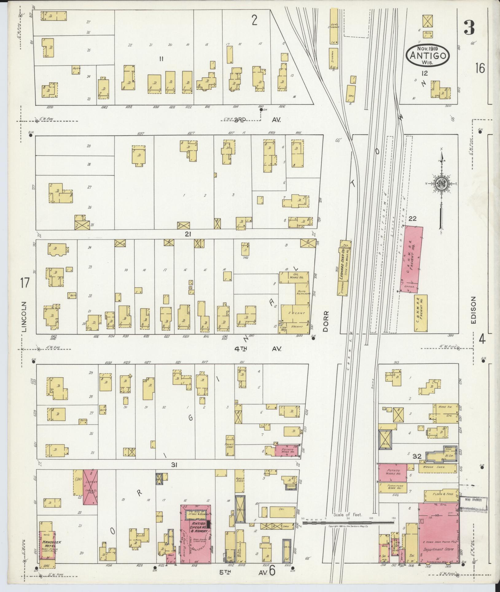 Sanborn Fire Insurance Map from Antigo, Langlade County, Wisconsin (1919), Sheet #0003 - Historic Sanborn Fire Insurance Map Print, vintage old map wall art, antique decor, genealogy gift, Wisconsin Wisconsin map