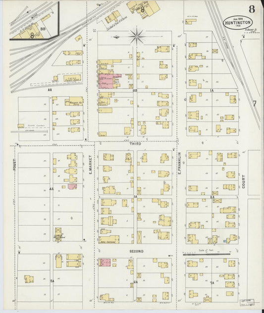 Sanborn Fire Insurance Map from Huntington, Huntington County, Indiana (1898), Sheet #0008 - Historic Sanborn Fire Insurance Map Print, vintage old map wall art, antique decor, genealogy gift, Indiana Indiana map