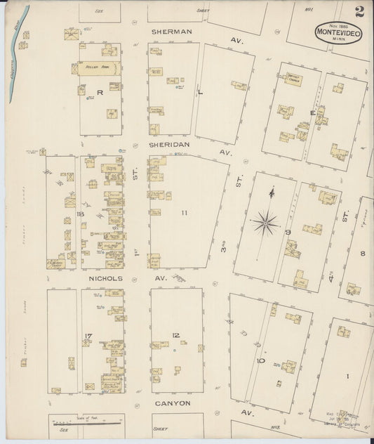 Sanborn Fire Insurance Map from Montevideo, Chippewa County, Minnesota (1885), Sheet #0002 - Historic Sanborn Fire Insurance Map Print, vintage old map wall art, antique decor, genealogy gift, Minnesota Minnesota map