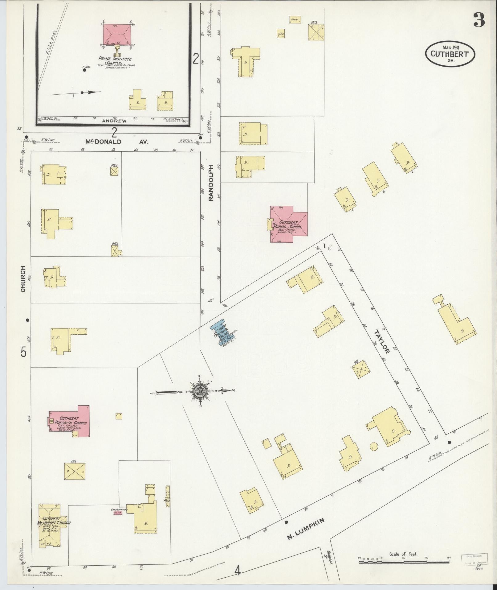 Sanborn Fire Insurance Map from Cuthbert, Randolph County, Georgia (1911), Sheet #0003 - Complete Map Set gallery image, historic Sanborn map, vintage wall art, Georgia Georgia
