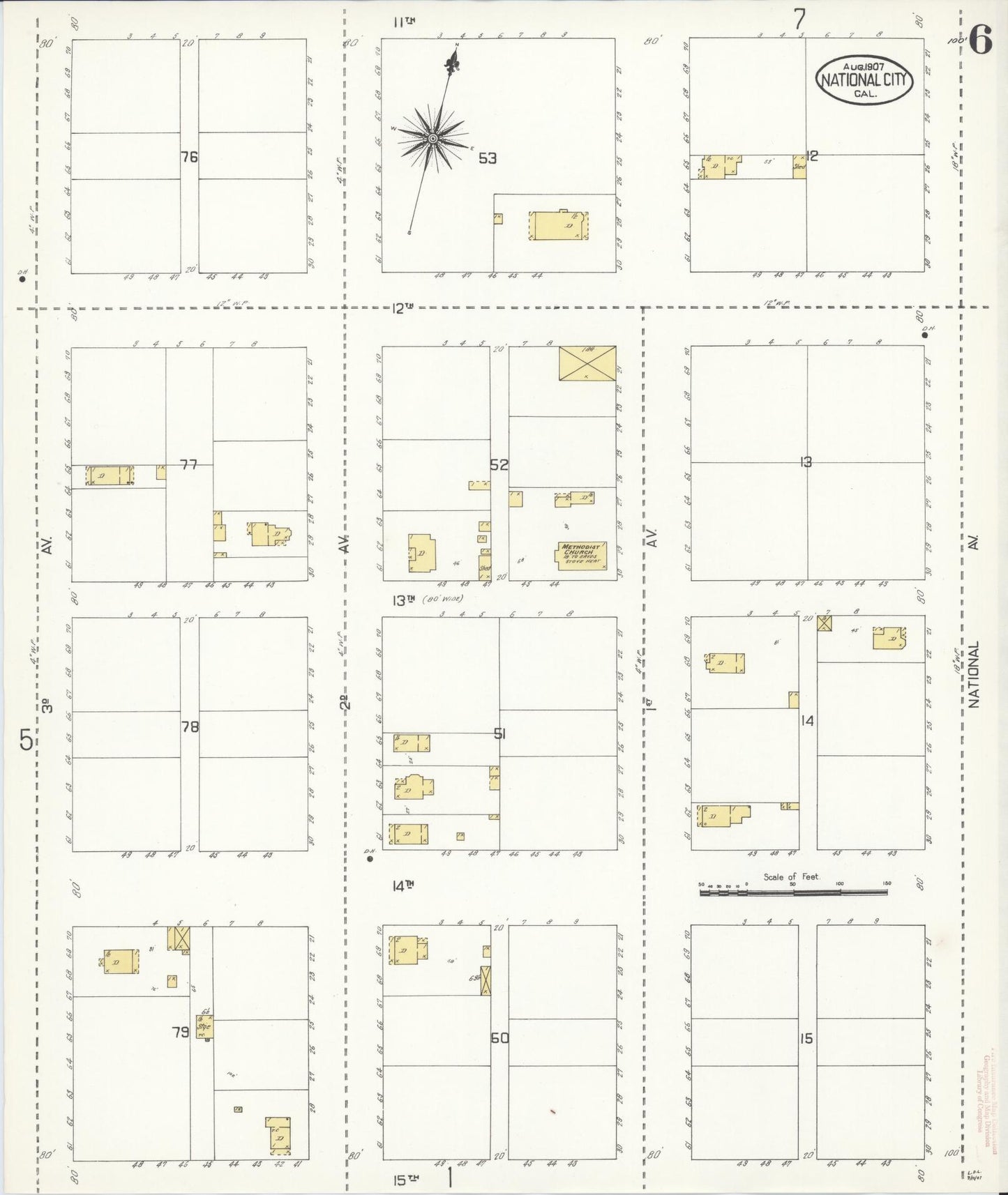 Sanborn Fire Insurance Map from National City, San Diego County, California (1907), Sheet #0006 - Historic Sanborn Fire Insurance Map Print, vintage old map wall art, antique decor, genealogy gift, California California map