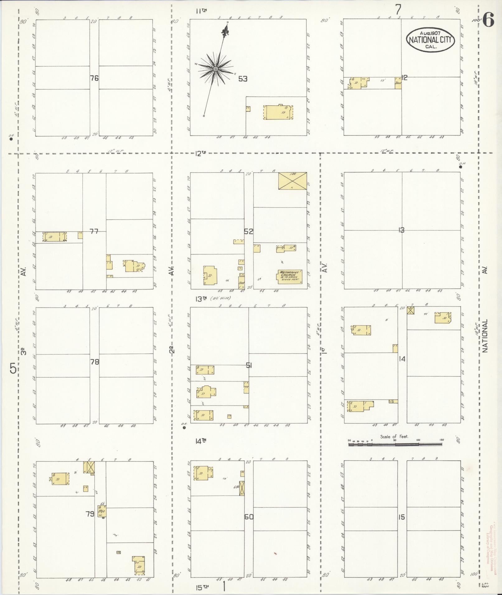 Sanborn Fire Insurance Map from National City, San Diego County, California (1907), Sheet #0006 - Historic Sanborn Fire Insurance Map Print, vintage old map wall art, antique decor, genealogy gift, California California map