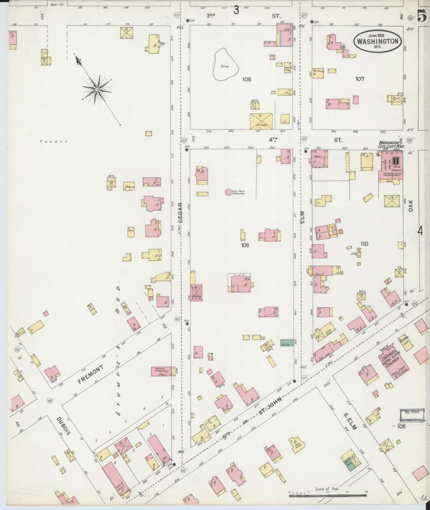Sanborn Fire Insurance Map from Washington, Franklin County, Missouri (1898), Sheet #0005 - Historic Sanborn Fire Insurance Map Print, vintage old map wall art, antique decor, genealogy gift, Washington Washington map