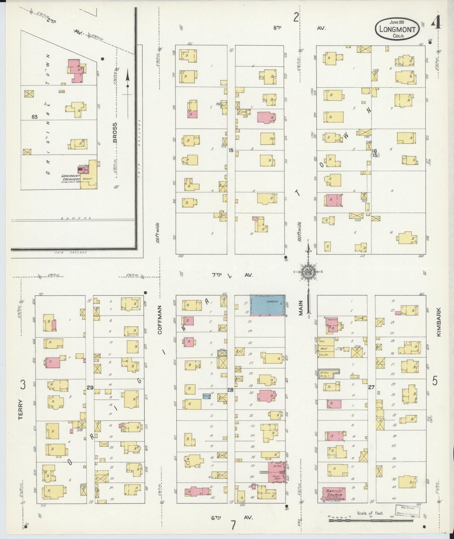 Sanborn Fire Insurance Map from Longmont, Boulder County, Colorado (1911), Sheet #0004 - Historic Sanborn Fire Insurance Map Print, vintage old map wall art, antique decor, genealogy gift, Colorado Colorado map