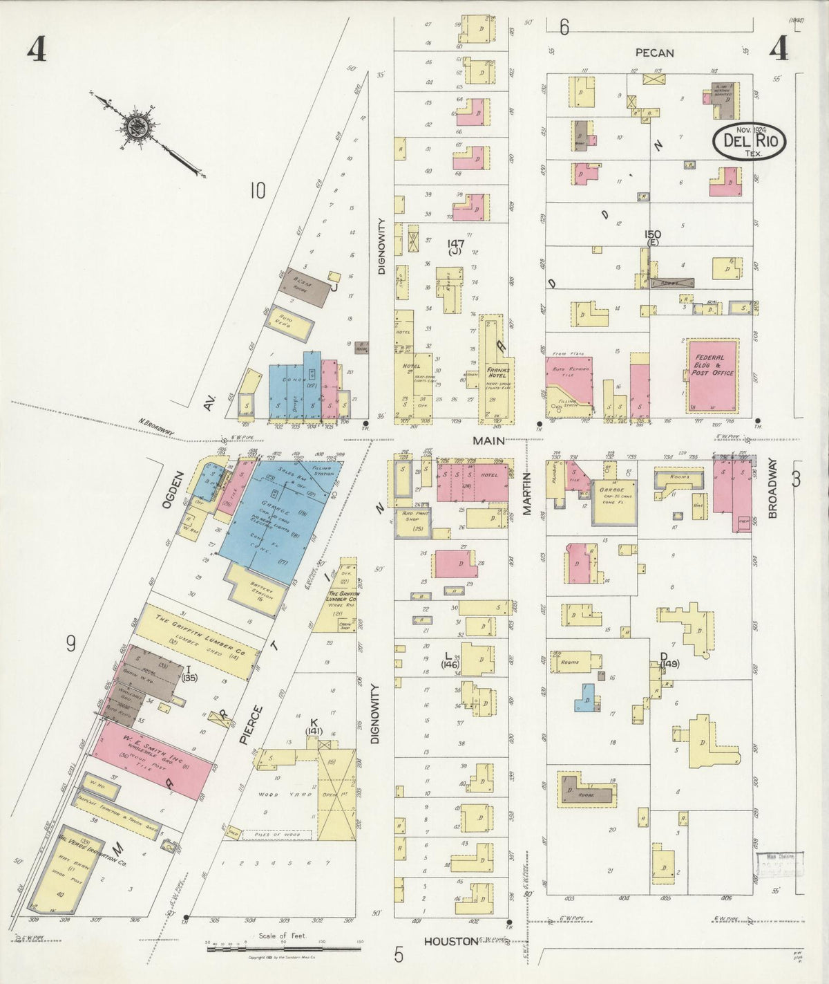 Sanborn Fire Insurance Map from Del Rio, Val Verde County, Texas (1924), Sheet #0004 - Historic Sanborn Fire Insurance Map Print, vintage old map wall art, antique decor, genealogy gift, Texas Texas map