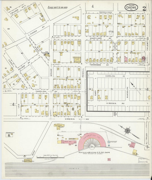 Sanborn Fire Insurance Map from Crewe, Nottoway County, Virginia (1918), Sheet #0002 - Historic Sanborn Fire Insurance Map Print, vintage old map wall art, antique decor, genealogy gift, Virginia Virginia map