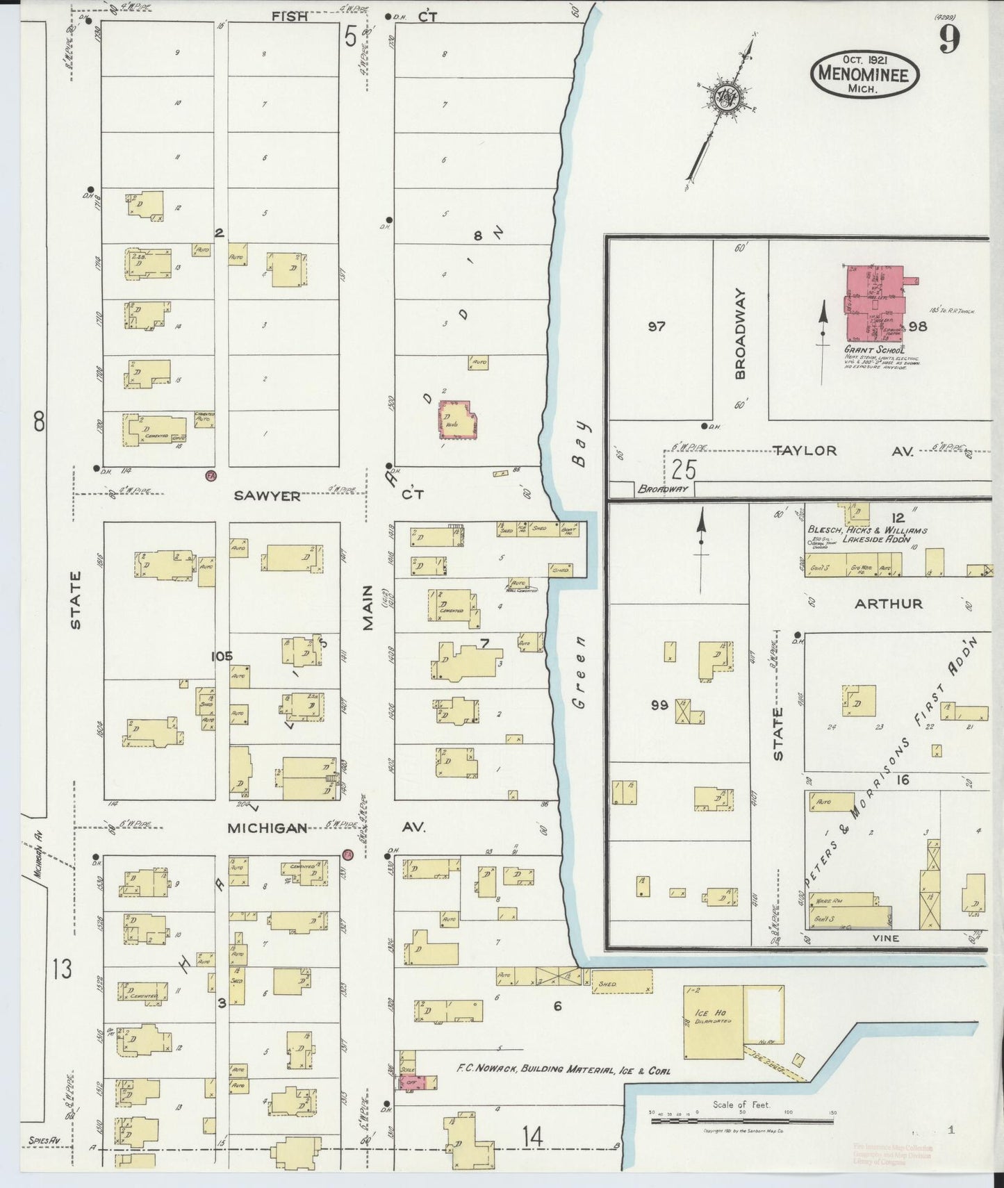 Sanborn Fire Insurance Map from Menominee, Menominee County, Michigan (1921), Sheet #0009 - Complete Map Set gallery image, historic Sanborn map, vintage wall art, Michigan Michigan