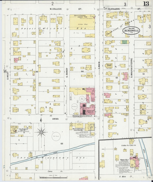 Sanborn Fire Insurance Map from Jacksonville, Morgan County, Illinois (1899), Sheet #0013 - Historic Sanborn Fire Insurance Map Print, vintage old map wall art, antique decor, genealogy gift, Illinois Illinois map
