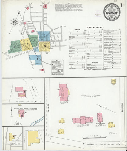 Sanborn Fire Insurance Map from Newberry, Newberry County, South Carolina (1905), Sheet #0001 - Complete Map Set gallery image, historic Sanborn map, vintage wall art, South Carolina South Carolina