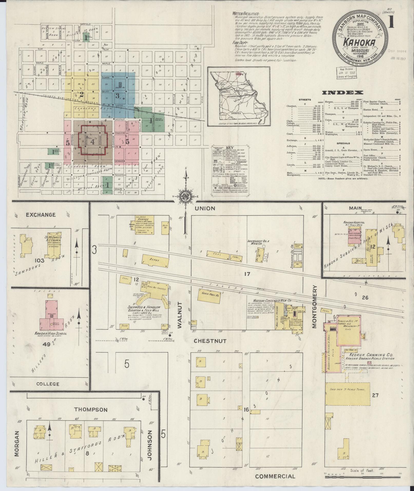 Sanborn Fire Insurance Map from Kahoka, Clark County, Missouri (1916), Sheet #0001 - Complete Map Set gallery image, historic Sanborn map, vintage wall art, Missouri Missouri