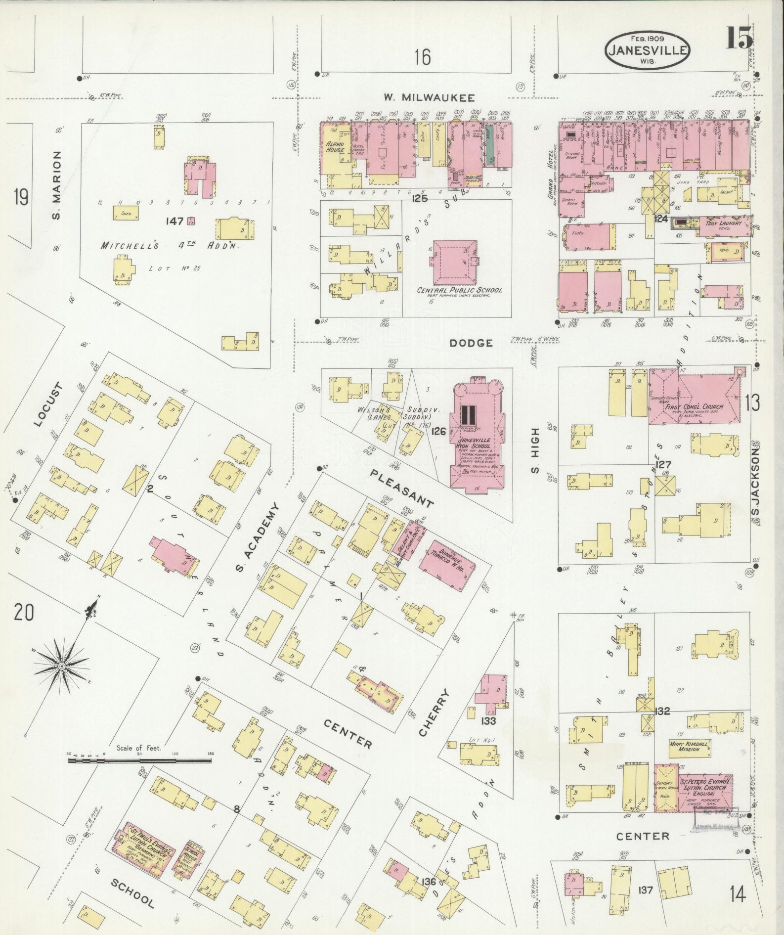 Sanborn Fire Insurance Map from Janesville, Rock County, Wisconsin (1909), Sheet #0015 - Historic Sanborn Fire Insurance Map Print, vintage old map wall art, antique decor, genealogy gift, Wisconsin Wisconsin map