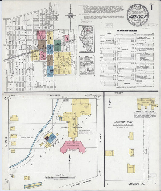 Sanborn Fire Insurance Map from Hinsdale, Du Page And Cook Counties, Illinois (1919), Sheet #0001 - Complete Map Set gallery image, historic Sanborn map, vintage wall art, Illinois Illinois
