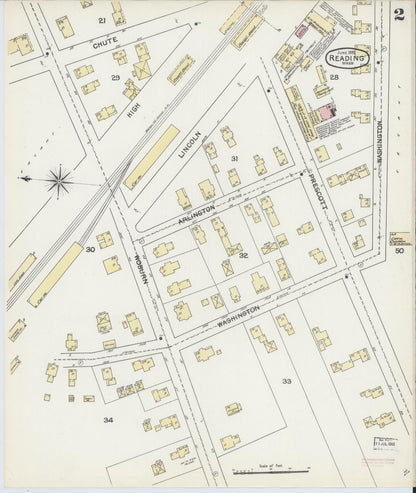 Sanborn Fire Insurance Map from Reading, Middlesex County, Massachusetts (1892), Sheet #0002 - Historic Sanborn Fire Insurance Map Print, vintage old map wall art, antique decor, genealogy gift, Massachusetts Massachusetts map