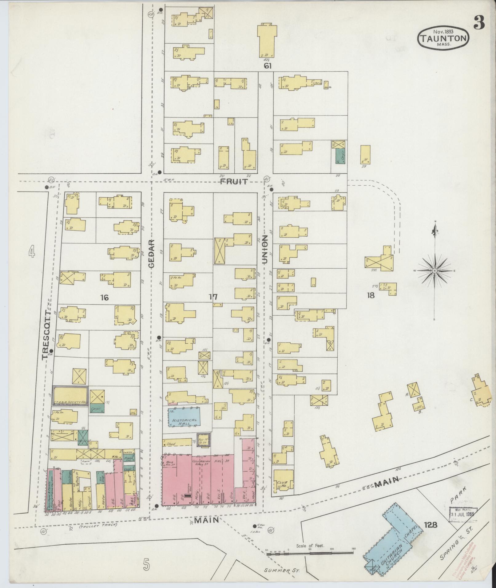 Sanborn Fire Insurance Map from Taunton, Bristol County, Massachusetts (1893), Sheet #0003 - Historic Sanborn Fire Insurance Map Print, vintage old map wall art, antique decor, genealogy gift, Massachusetts Massachusetts map