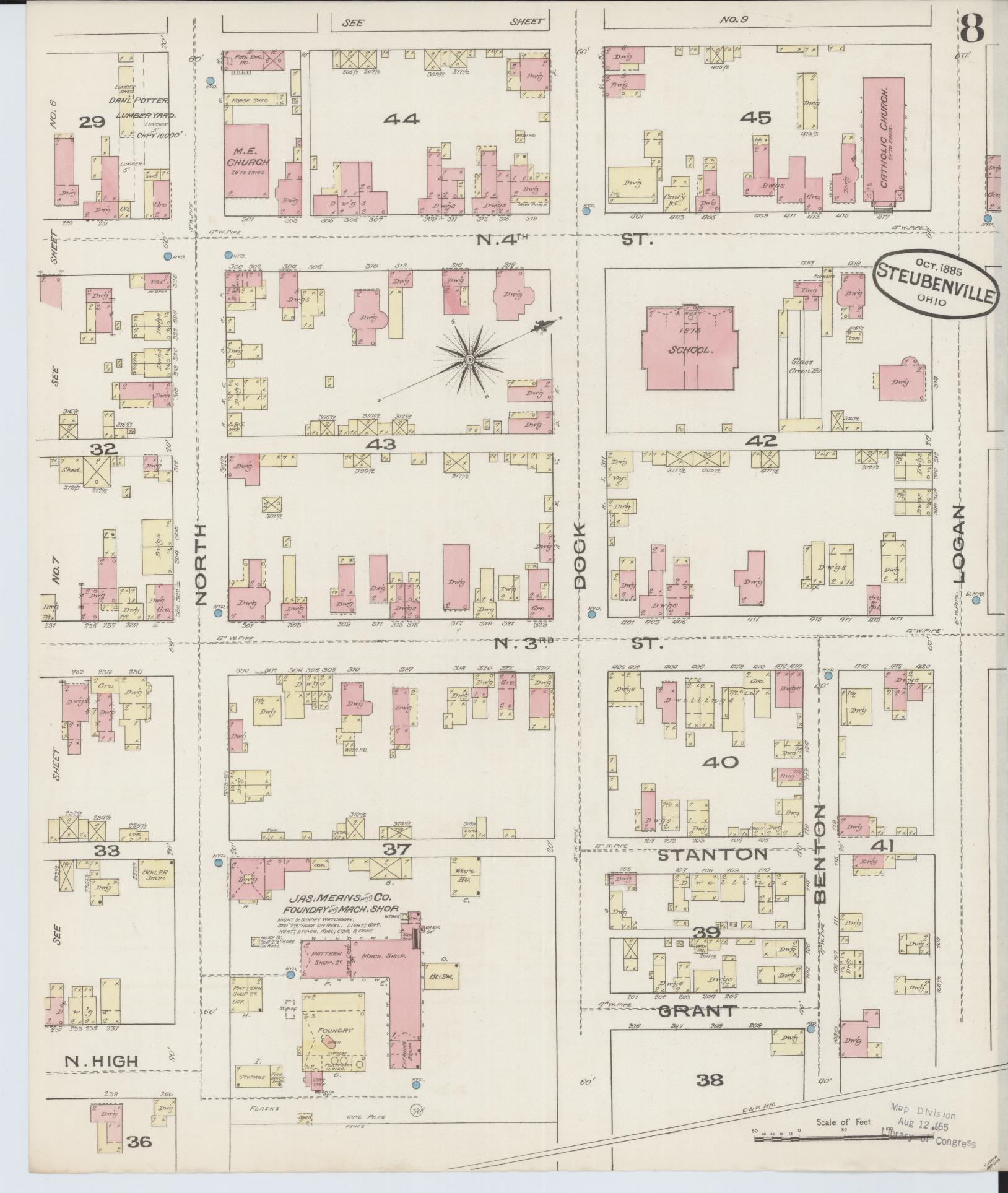 Sanborn Fire Insurance Map from Steubenville, Jefferson County, Ohio (1885), Sheet #0008 - Historic Sanborn Fire Insurance Map Print, vintage old map wall art, antique decor, genealogy gift, Ohio Ohio map