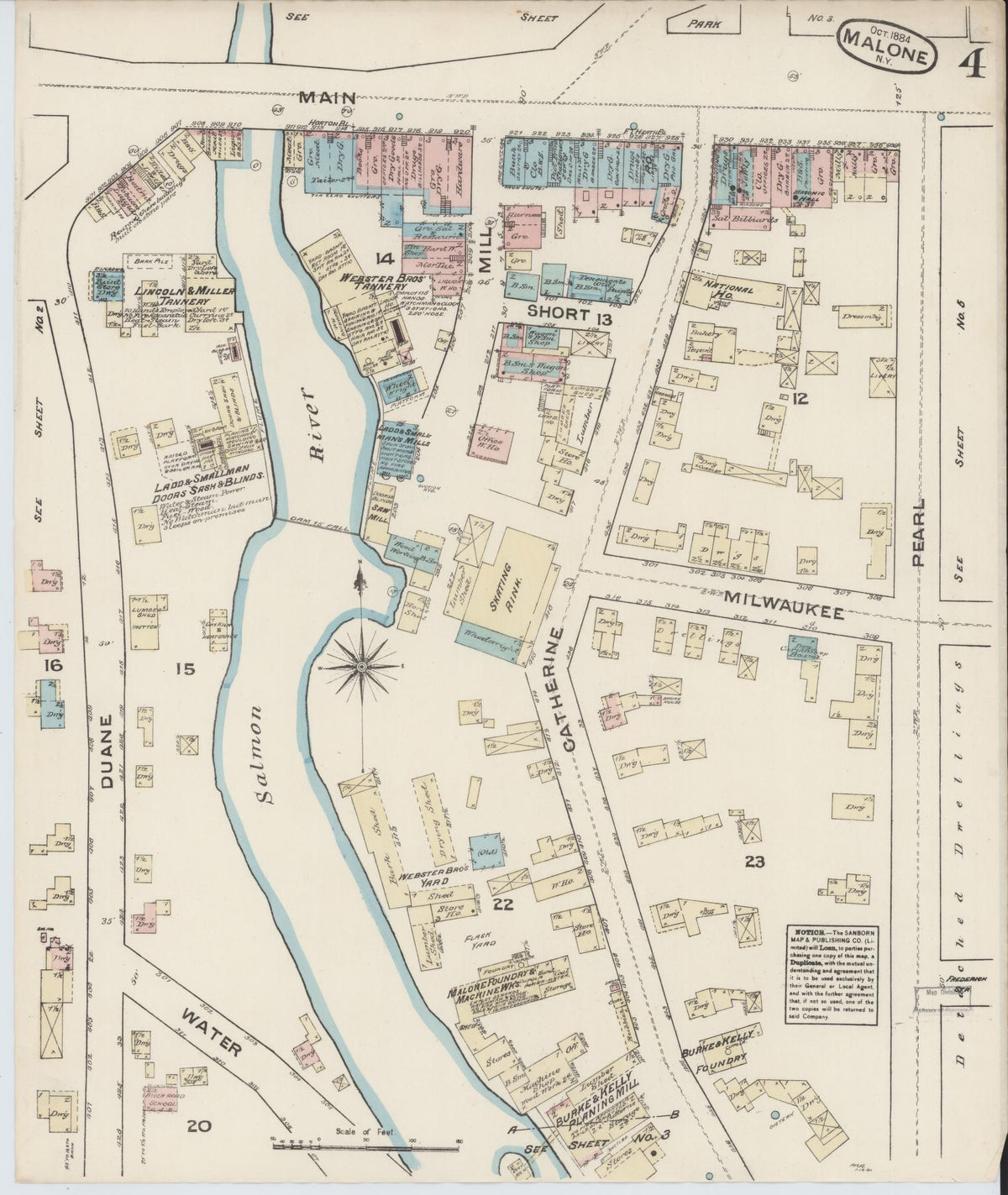 Sanborn Fire Insurance Map from Malone, Franklin County, New York (1884), Sheet #0004 - Historic Sanborn Fire Insurance Map Print, vintage old map wall art, antique decor, genealogy gift, New York New York map